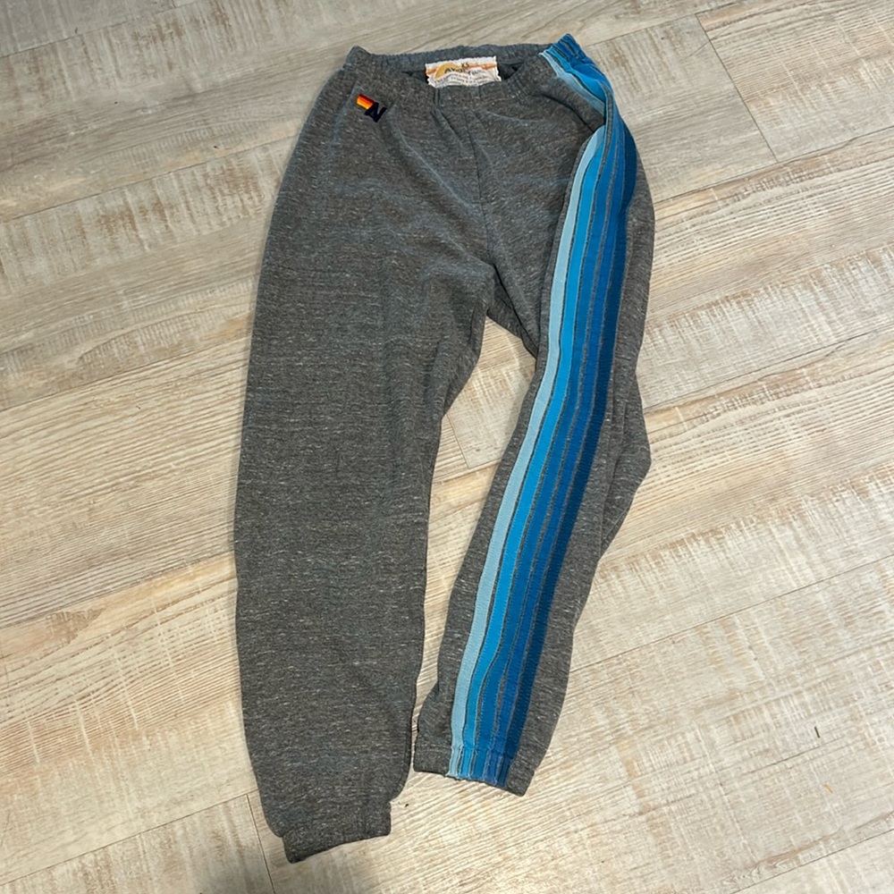 XS Aviator Nation 5 Stripe Sweatpants - Heather Grey with Blue Stripes
